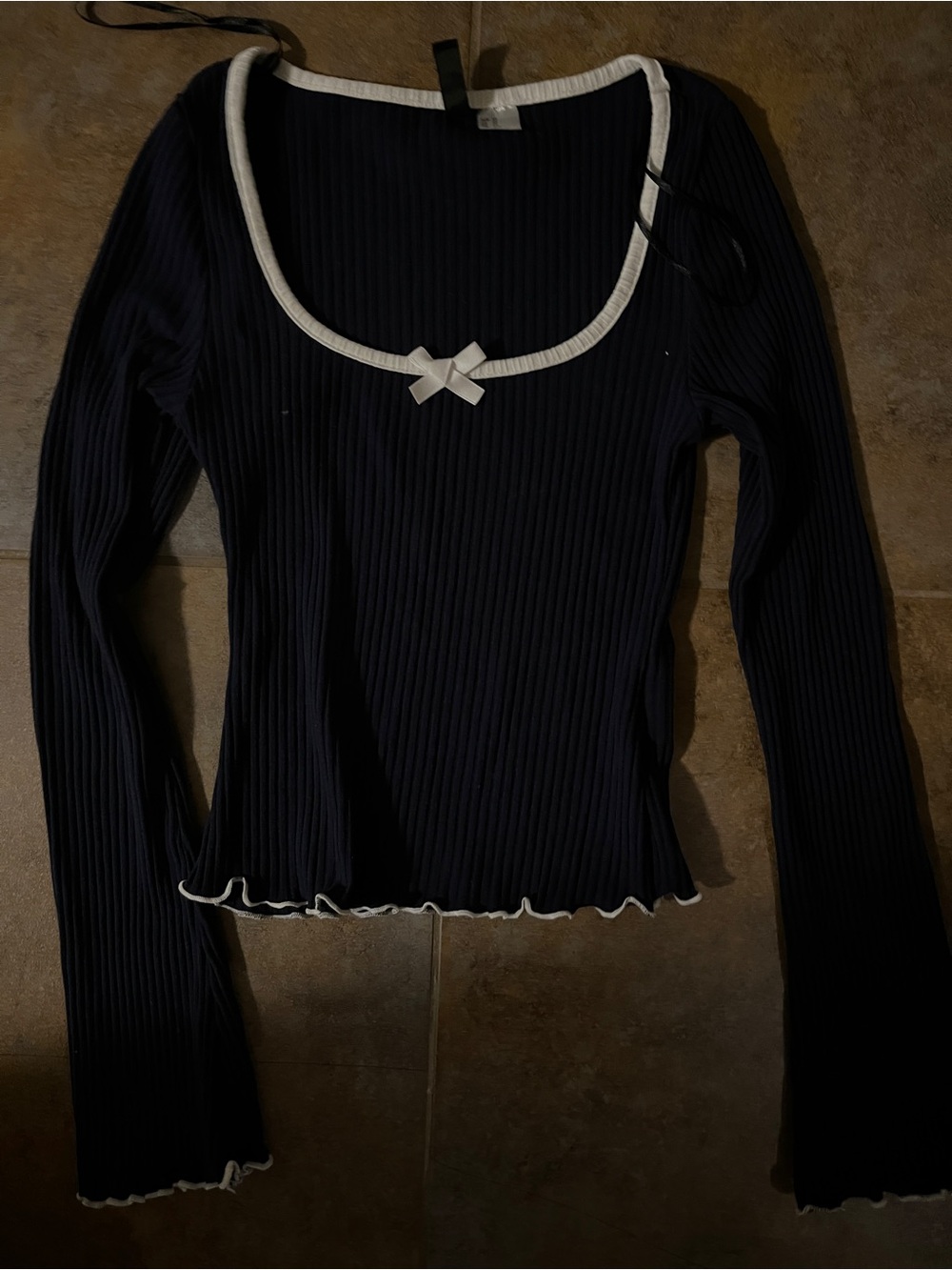 Navy Blue H&M Ribbon-Bow Ruffled Bottom Long Sleeve Top